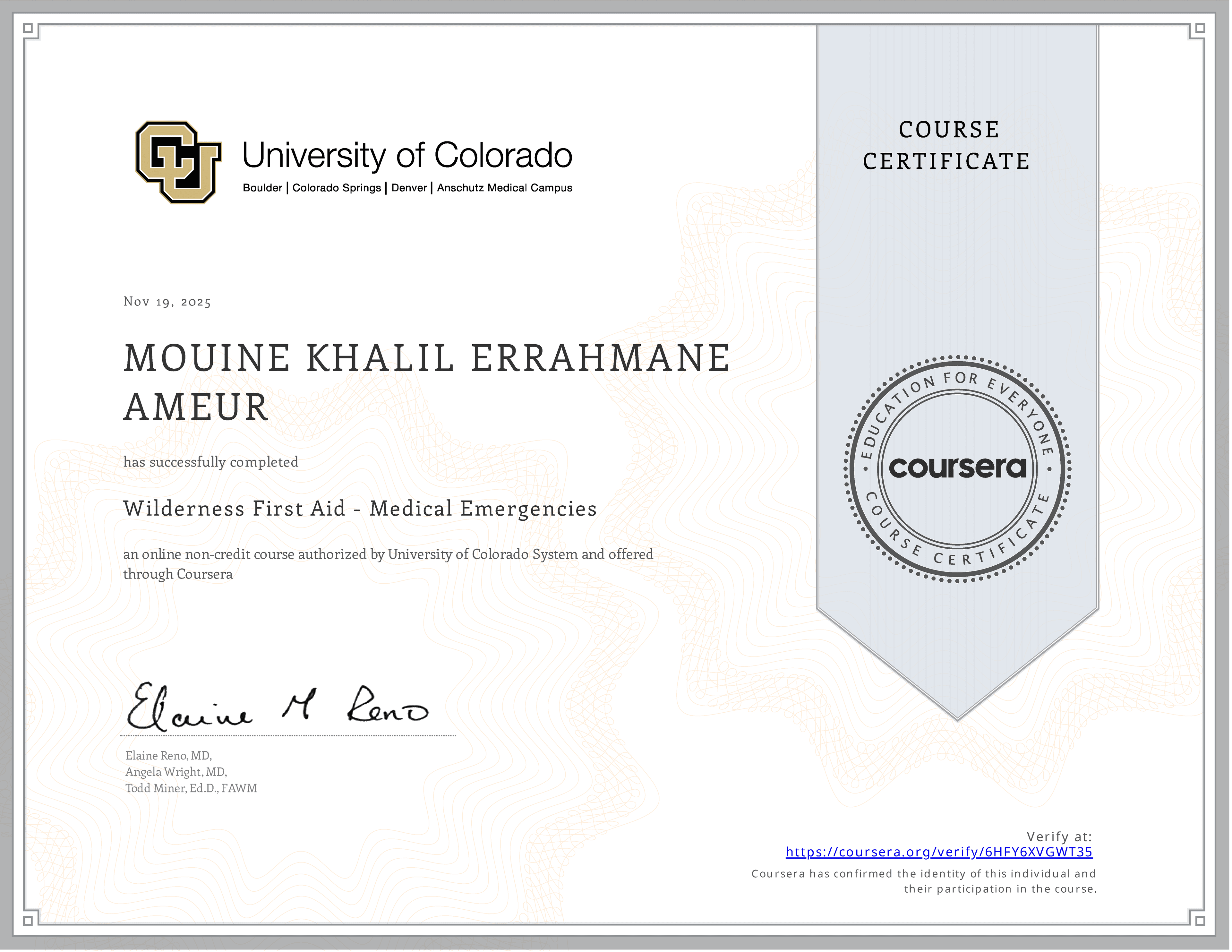 Medical Emergencies in Remote Environments certificate