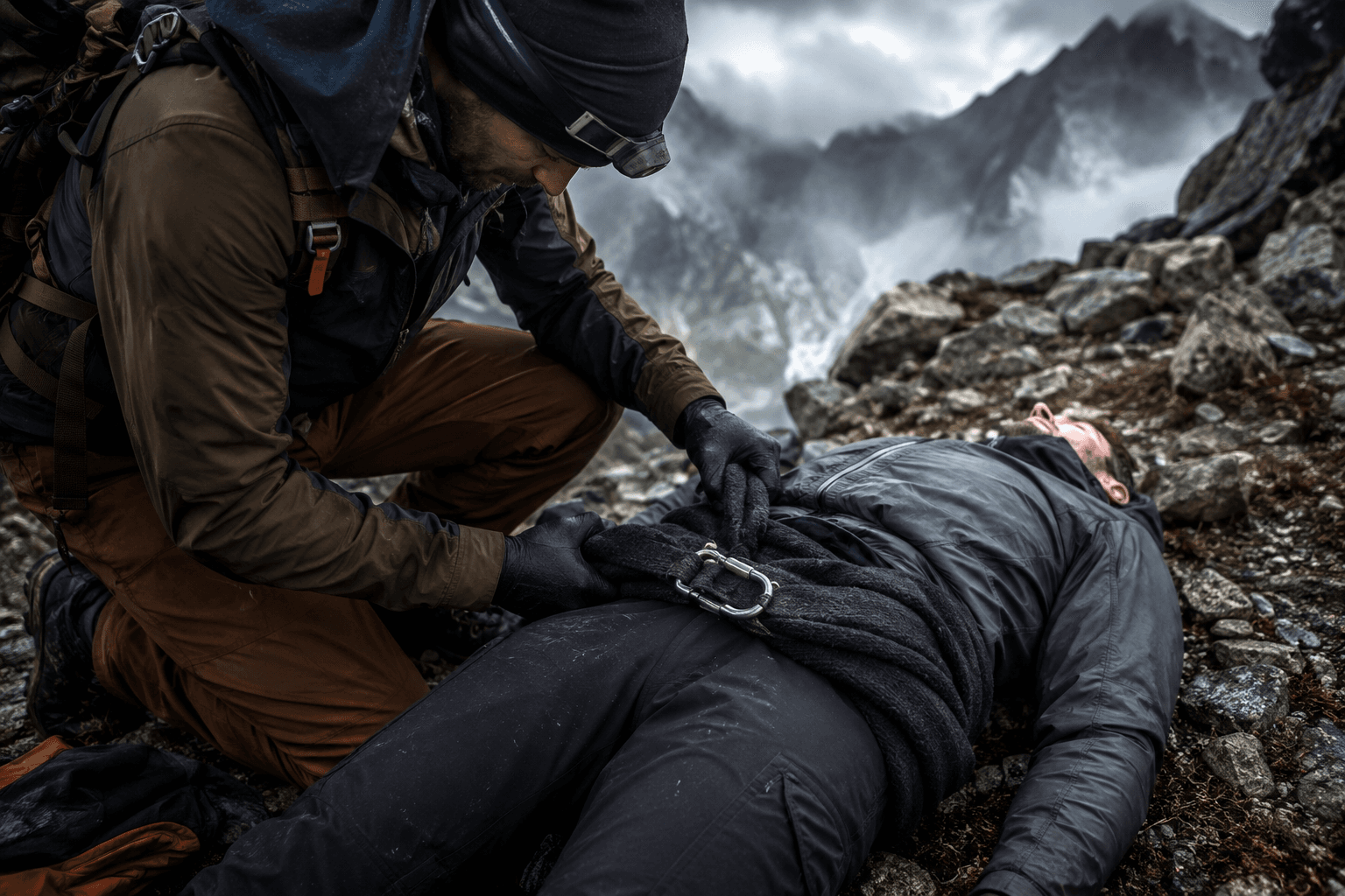 Wilderness rescuer applying an improvised fleece and carabiner pelvic binder to a trauma patient.