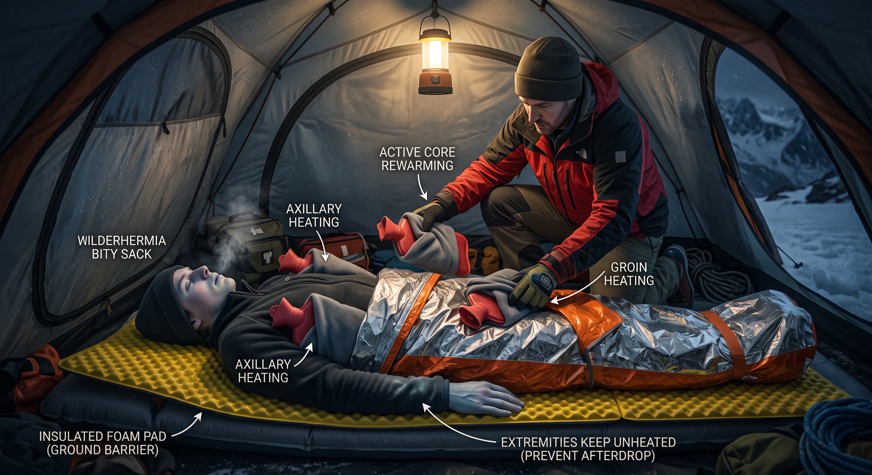 Wilderness medic correctly applying heat packs only to the core (armpits and groin) of a hypothermic patient to prevent afterdrop.